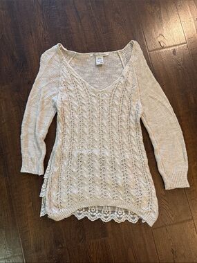 American Rag Cream Lace-Hem V-Neck Cable Knit Sweater